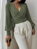 Women's Cropped Wrap Knit Jumper with Tie Waist and V-Neckline, view 9
