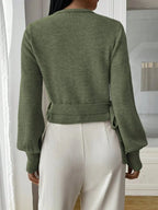 Women's Cropped Wrap Knit Jumper with Tie Waist and V-Neckline, view 10