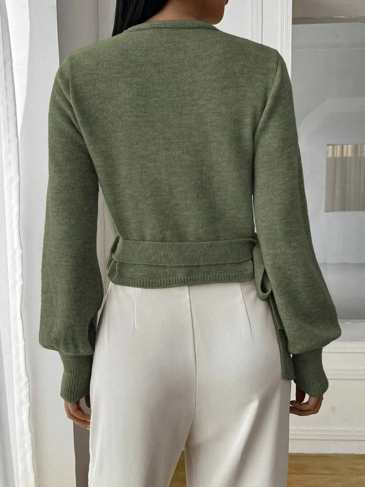 Women's Cropped Wrap Knit Jumper with Tie Waist and V-Neckline, view 10