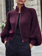 Women's Cropped Zip Cardigan with Puff Sleeves and Stand Collar, Purple, view 1
