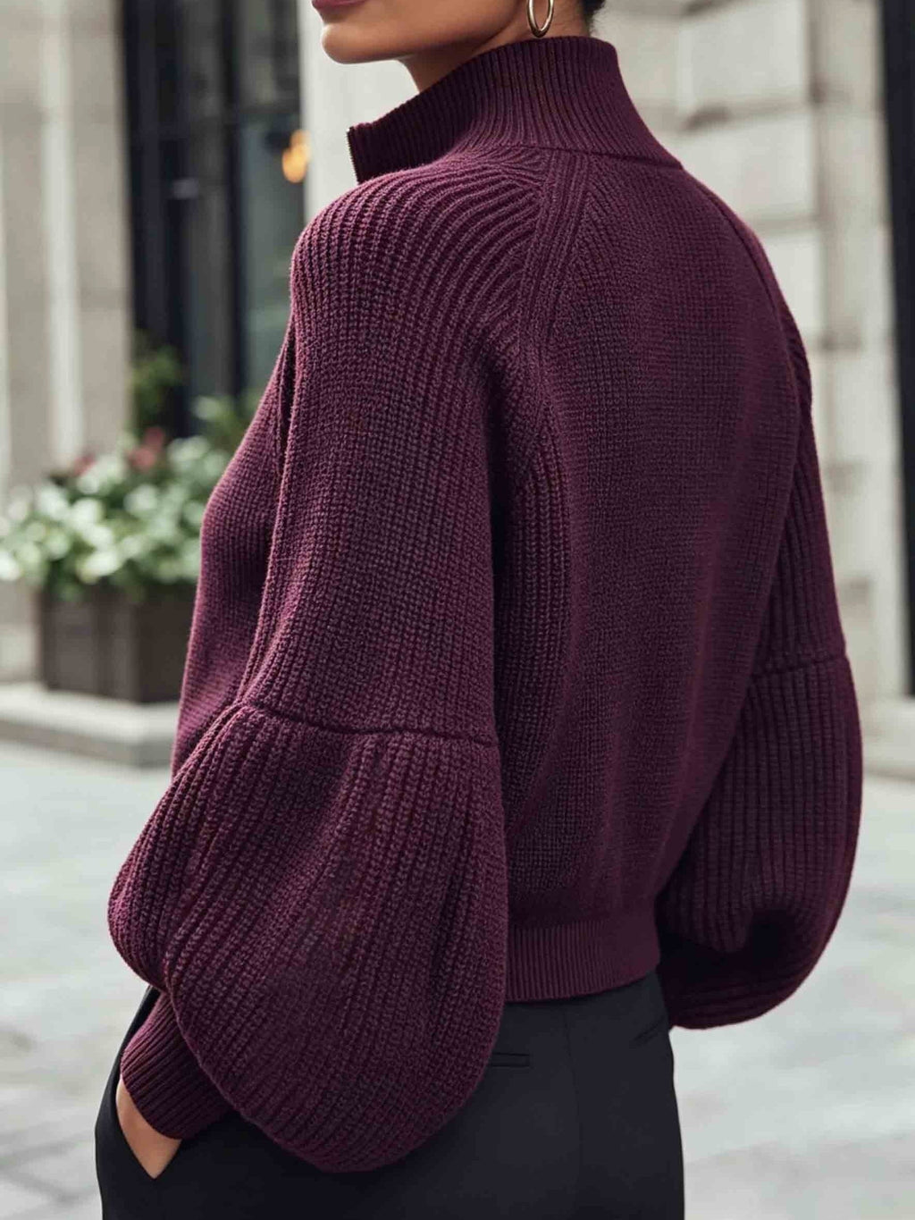 Women's Cropped Zip Cardigan with Puff Sleeves and Stand Collar, view 2