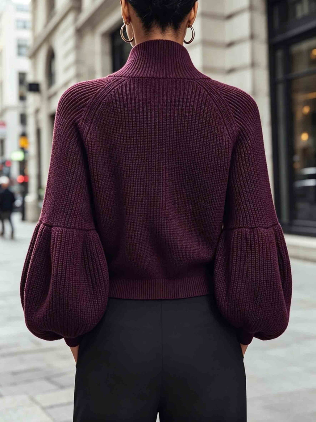 Women's Cropped Zip Cardigan with Puff Sleeves and Stand Collar, view 3