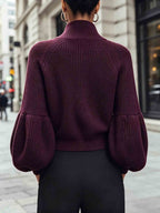 Women's Cropped Zip Cardigan with Puff Sleeves and Stand Collar, view 3