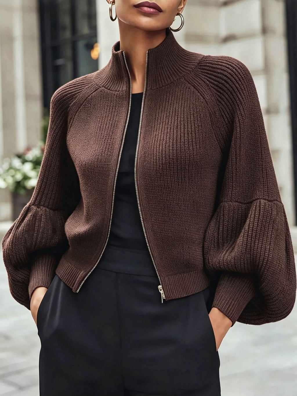 Women's Cropped Zip Cardigan with Puff Sleeves and Stand Collar, Brown, view 4