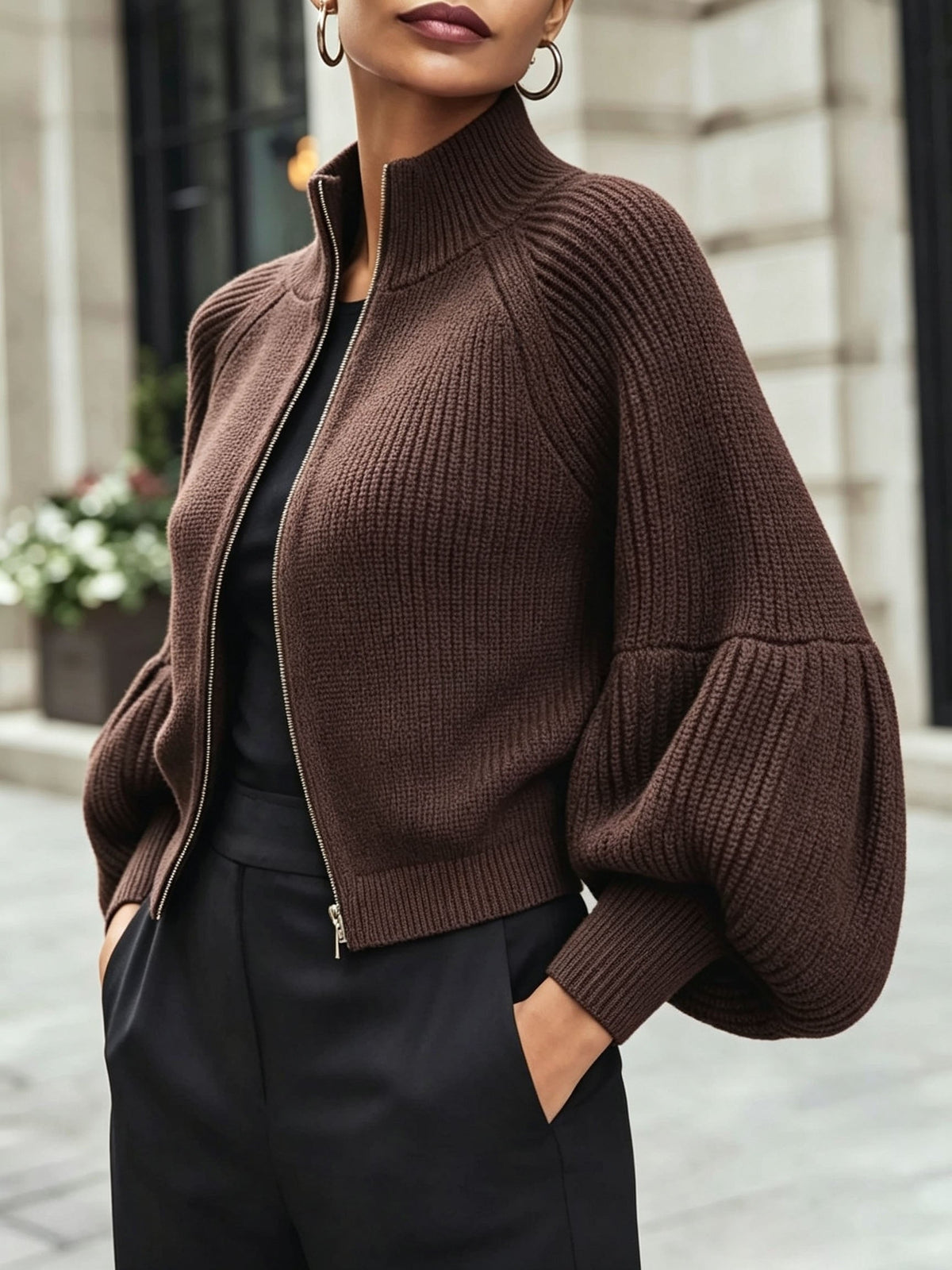 Women's Cropped Zip Cardigan with Puff Sleeves and Stand Collar, view 5