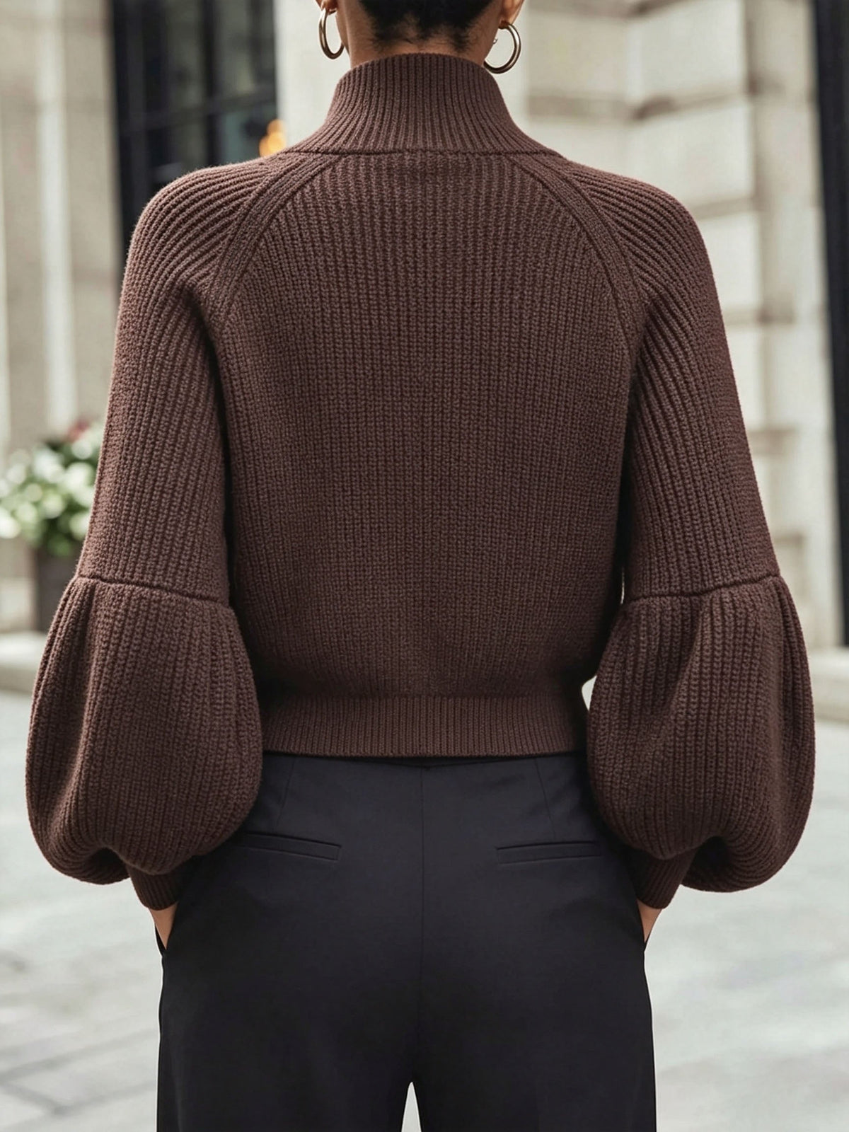 Women's Cropped Zip Cardigan with Puff Sleeves and Stand Collar, view 6