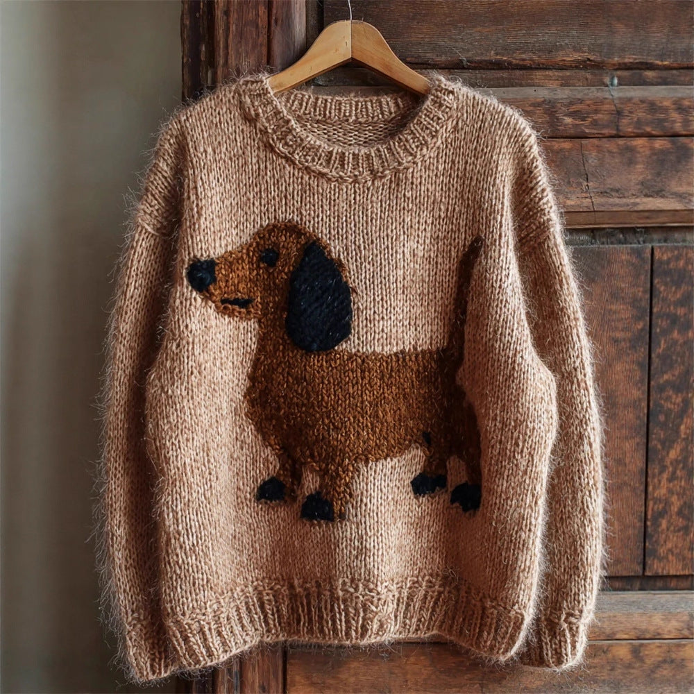 Women's Dachshund Motif Chunky Knit Jumper, Brown, view 1