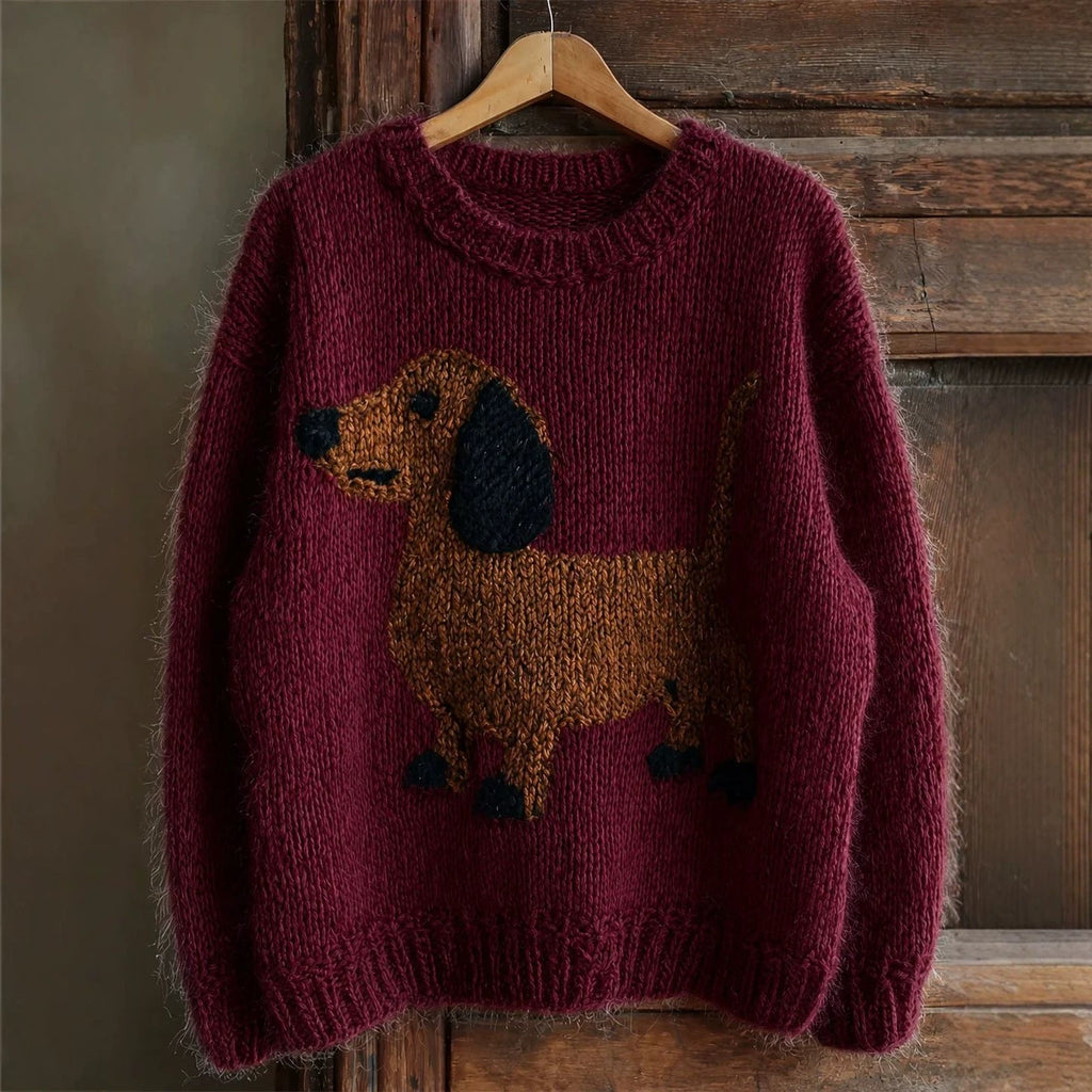 Women's Dachshund Motif Chunky Knit Jumper, Burgundy, view 2