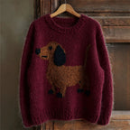 Women's Dachshund Motif Chunky Knit Jumper, Burgundy, view 2