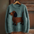 Women's Dachshund Motif Chunky Knit Jumper, Teal, view 3