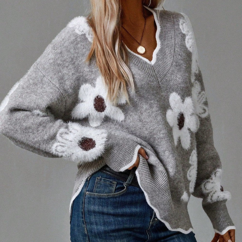 Women's Daisy Print V-Neck Knit Jumper, Grey, view 1