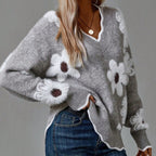 Women's Daisy Print V-Neck Knit Jumper, Grey, view 1