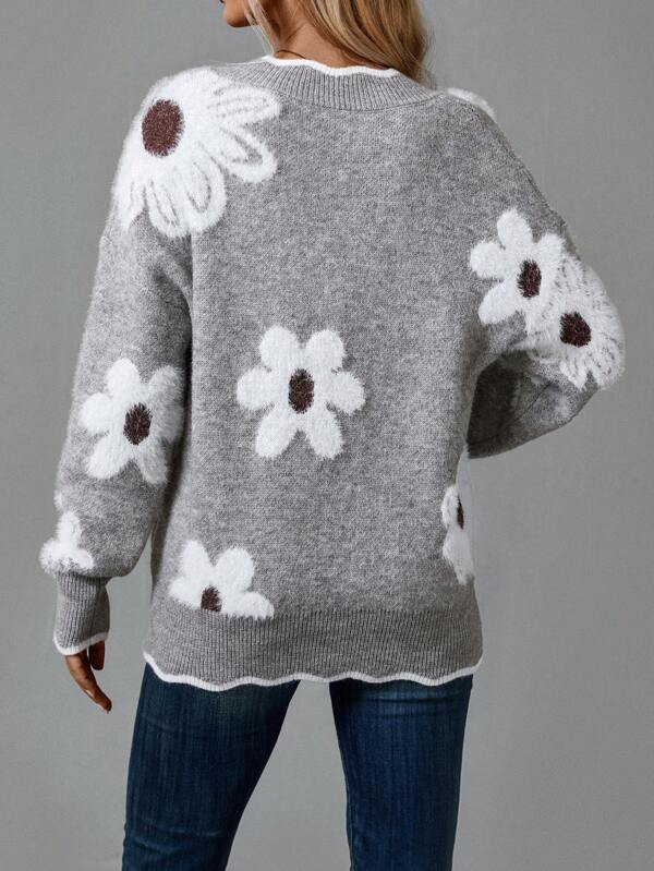 Women's Daisy Print V-Neck Knit Jumper, view 2