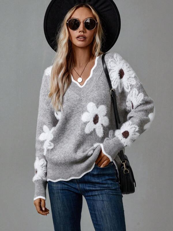 Women's Daisy Print V-Neck Knit Jumper, view 3