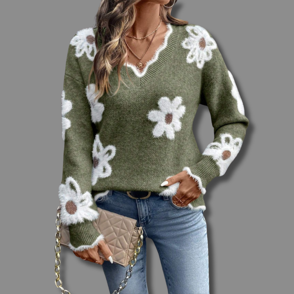 Women's Daisy Print V-Neck Knit Jumper, Green, view 4