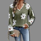 Women's Daisy Print V-Neck Knit Jumper, Green, view 4