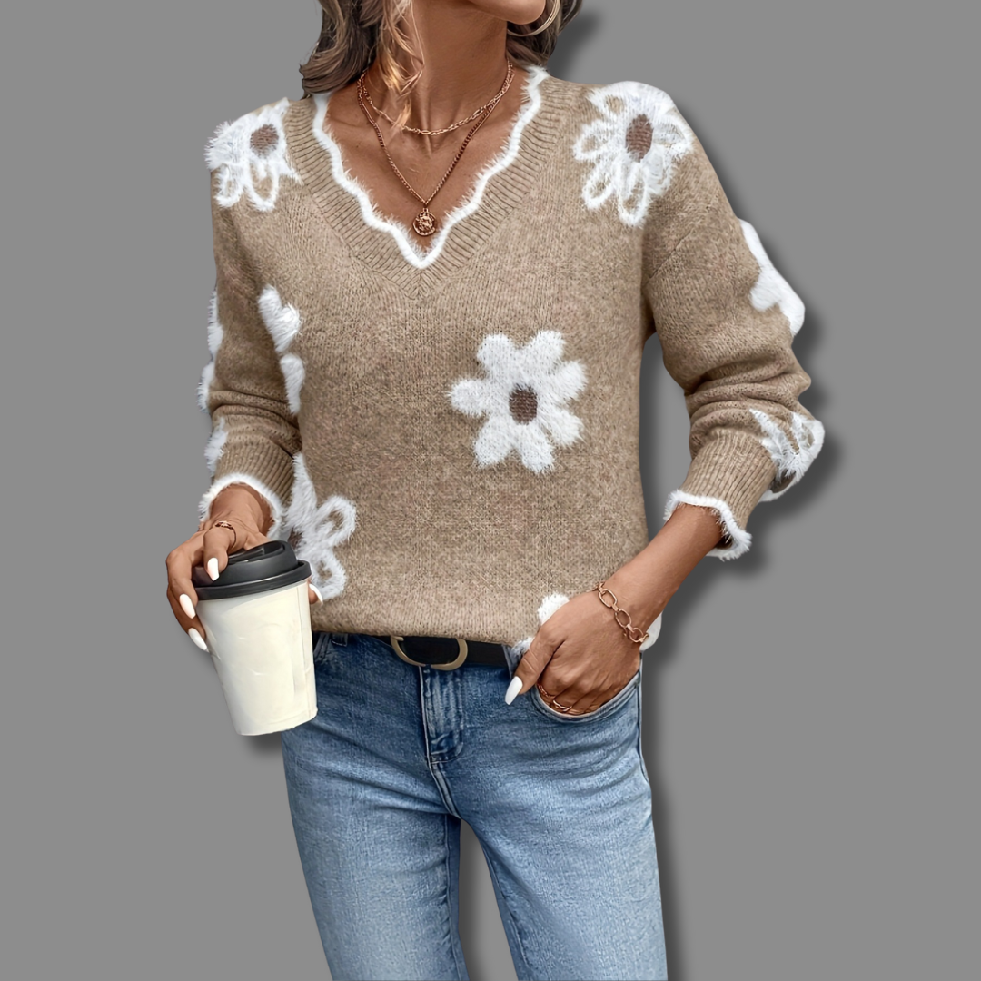 Women's Daisy Print V-Neck Knit Jumper, Khaki, view 5