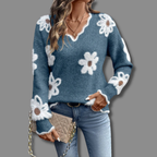 Women's Daisy Print V-Neck Knit Jumper, Ocean Blue, view 7