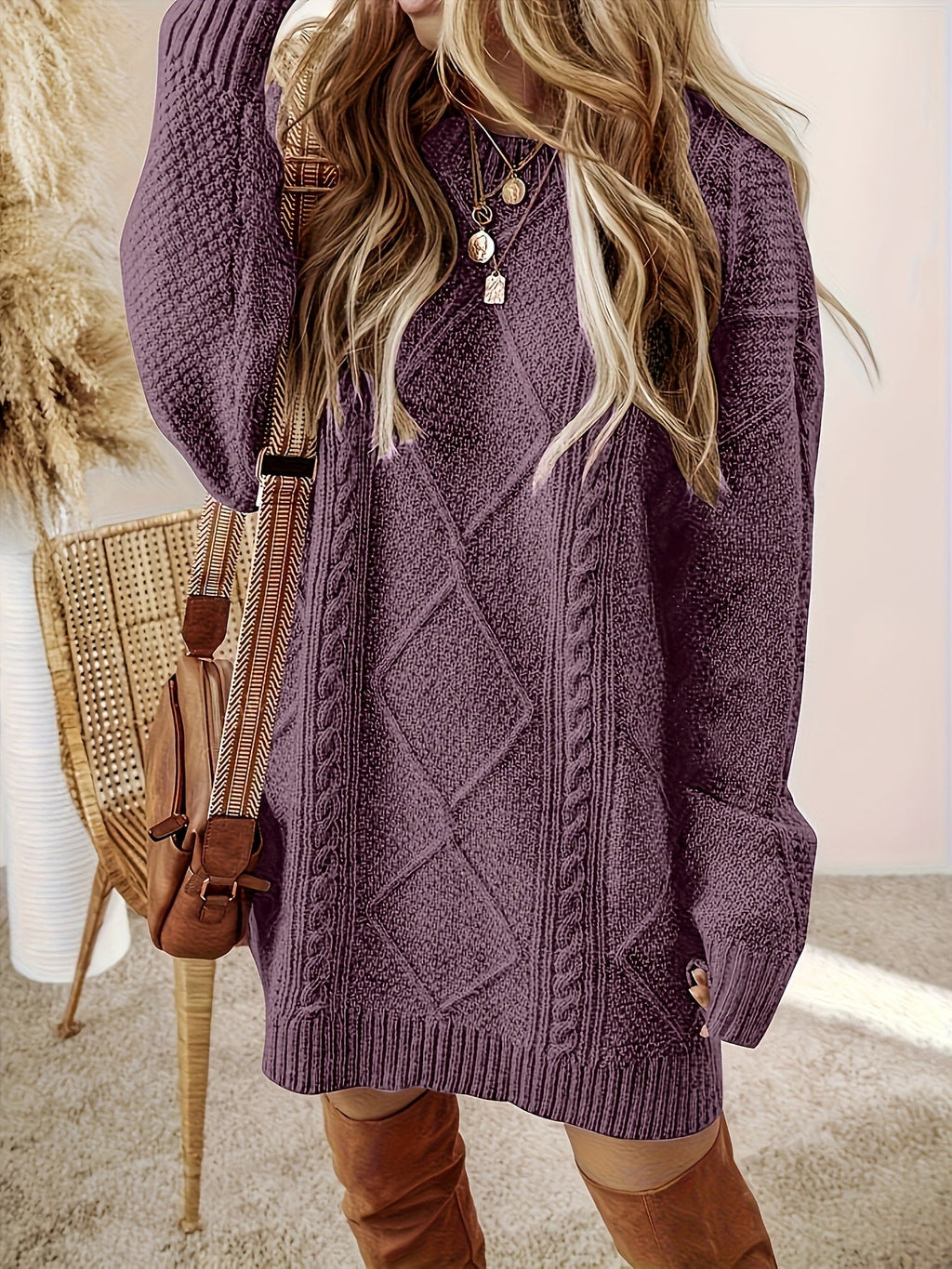 Women's Diamond and Cable Knit Mini Dress, view 3