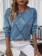 Women's Diamond Knit Jumper with Sequin Detail and Puff Sleeves, Blue, view 4