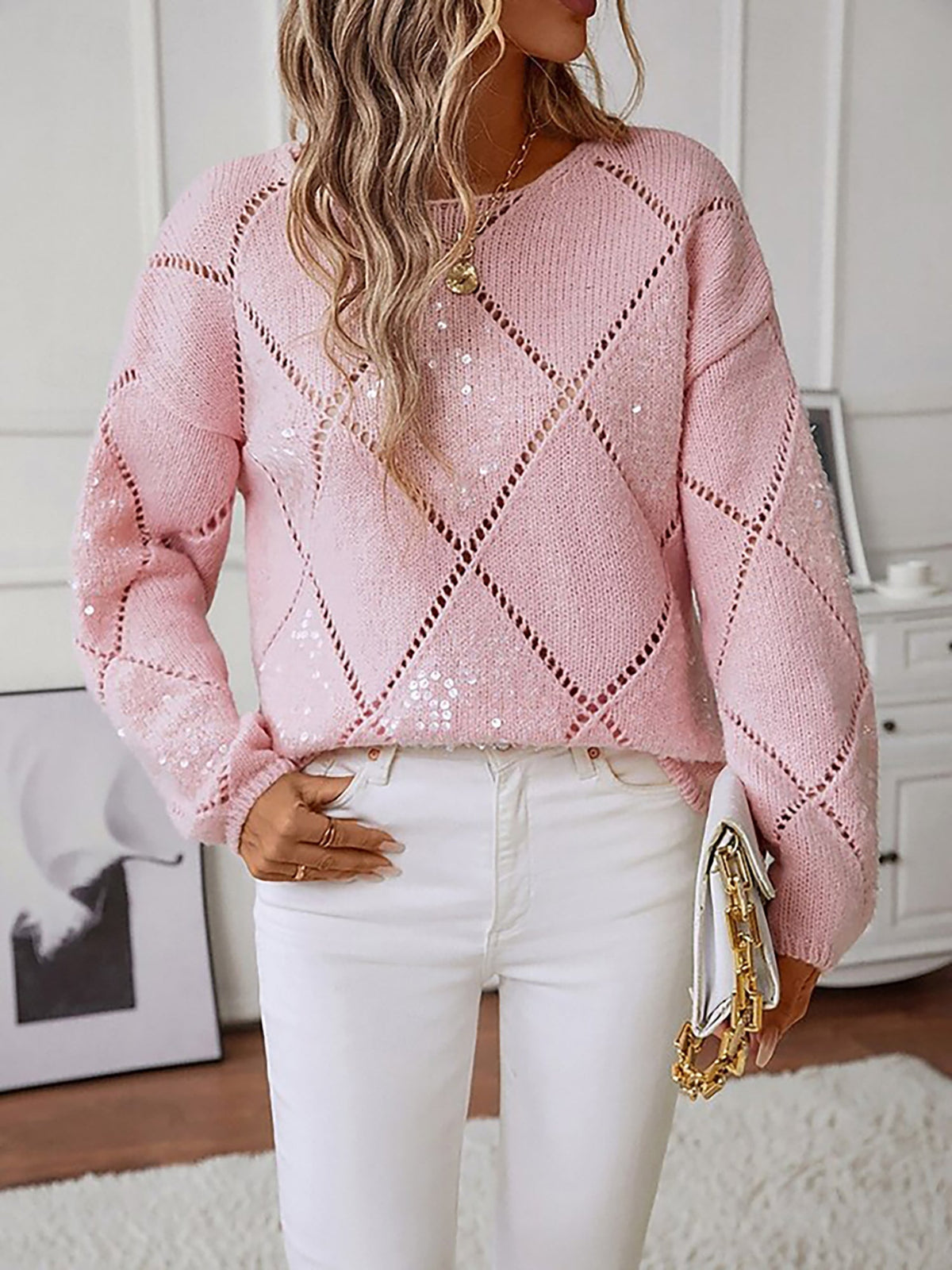 Women's Diamond Knit Jumper with Sequin Detail and Puff Sleeves, view 6