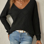 Women's Diamond Pointelle V-Neck Relaxed Jumper, Black, view 1