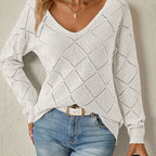 Women's Diamond Pointelle V-Neck Relaxed Jumper, White, view 3