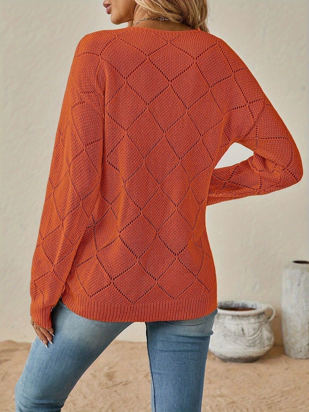 Women's Diamond Pointelle V-Neck Relaxed Jumper, view 6