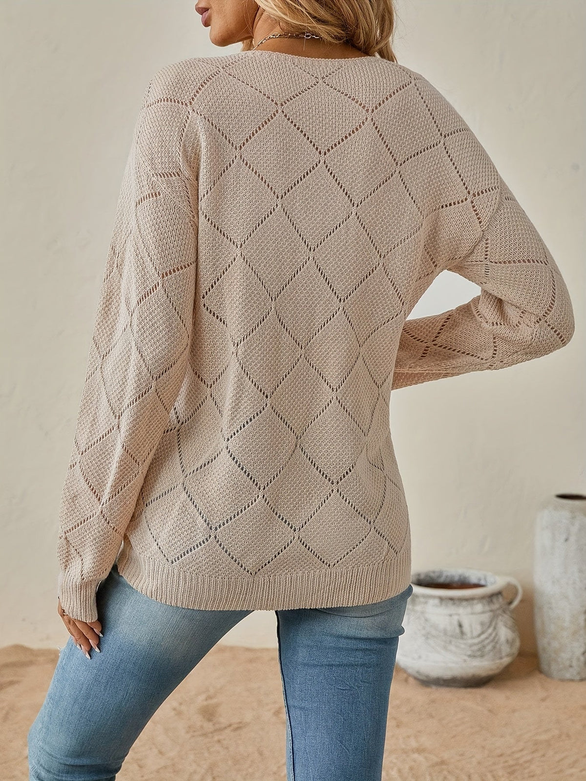 Women's Diamond Pointelle V-Neck Relaxed Jumper, view 8