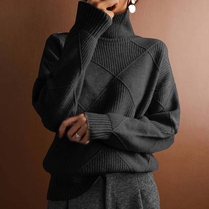 Women's Diamond Texture Turtleneck Knit Jumper, Black, view 2