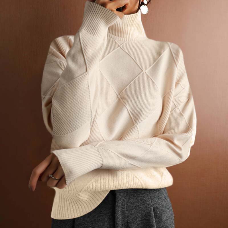 Women's Diamond Texture Turtleneck Knit Jumper, Beige, view 3