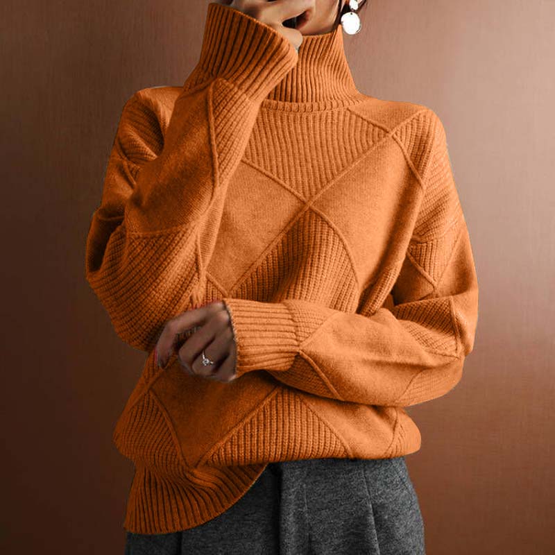 Women's Diamond Texture Turtleneck Knit Jumper, Orange, view 4