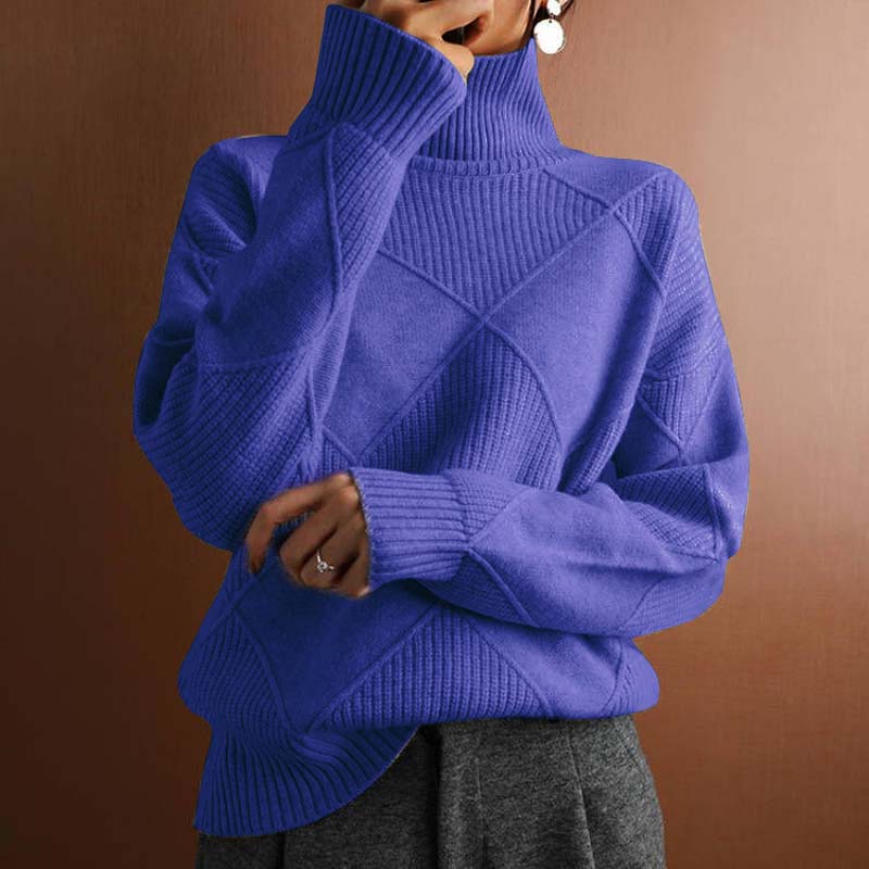 Women's Diamond Texture Turtleneck Knit Jumper, Blue, view 5