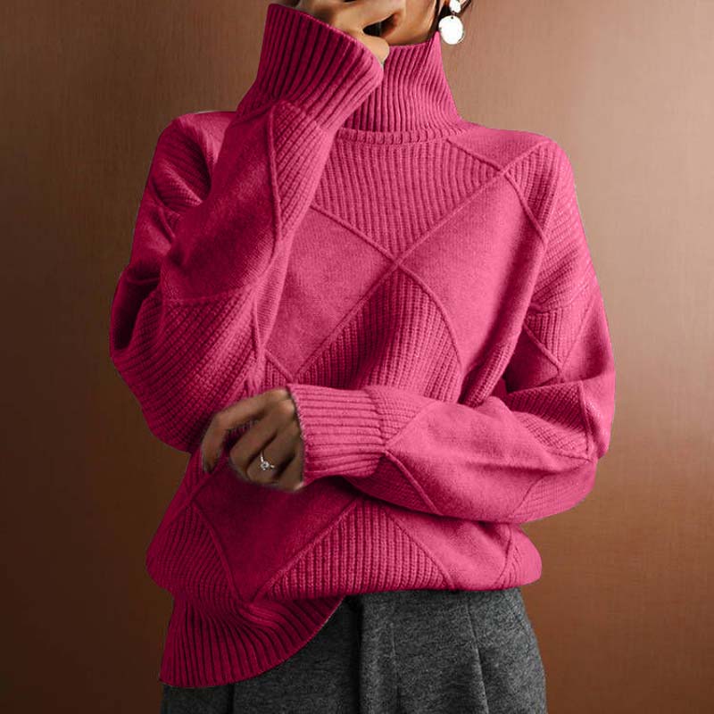Women's Diamond Texture Turtleneck Knit Jumper, Pink, view 6