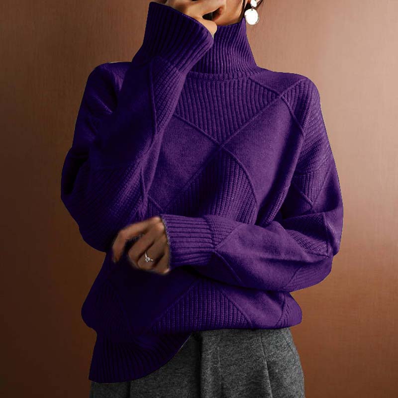 Women's Diamond Texture Turtleneck Knit Jumper, Dark Purple, view 8