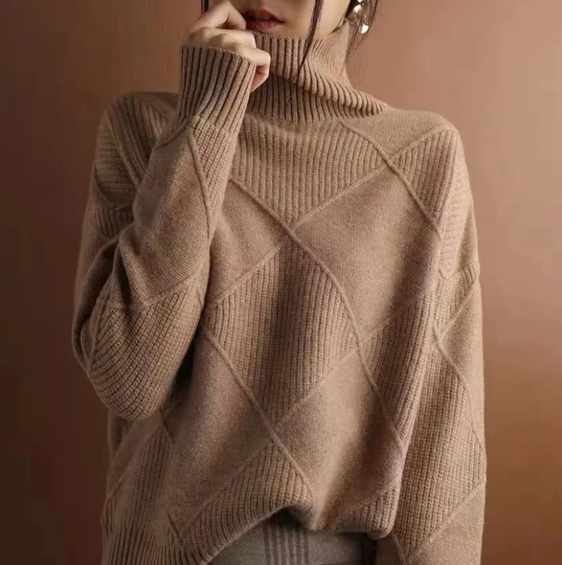 Women's Diamond Texture Turtleneck Knit Jumper, Brown, view 9