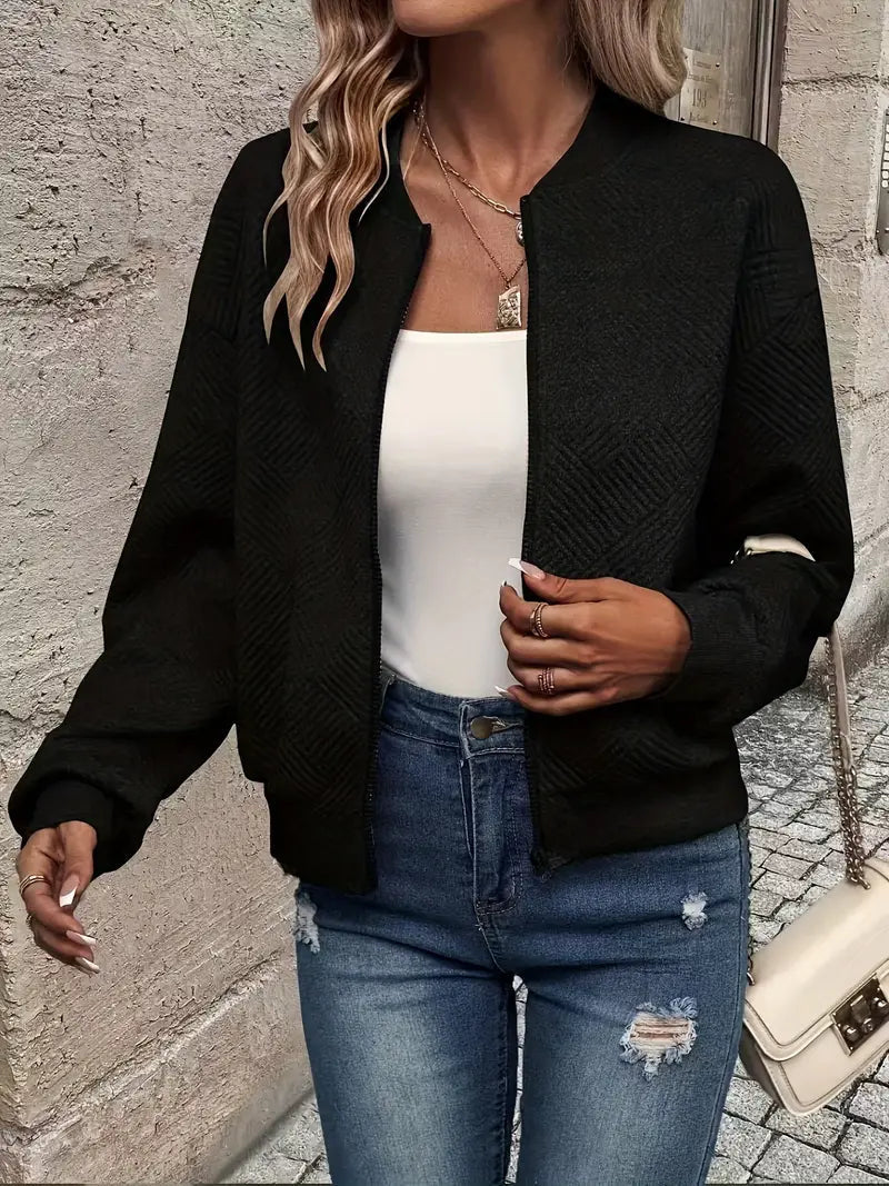 Women's Diamond Texture Zip-Up Cardigan with Ribbed Trim, Black, view 1
