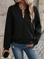 Women's Diamond Texture Zip-Up Cardigan with Ribbed Trim, view 2