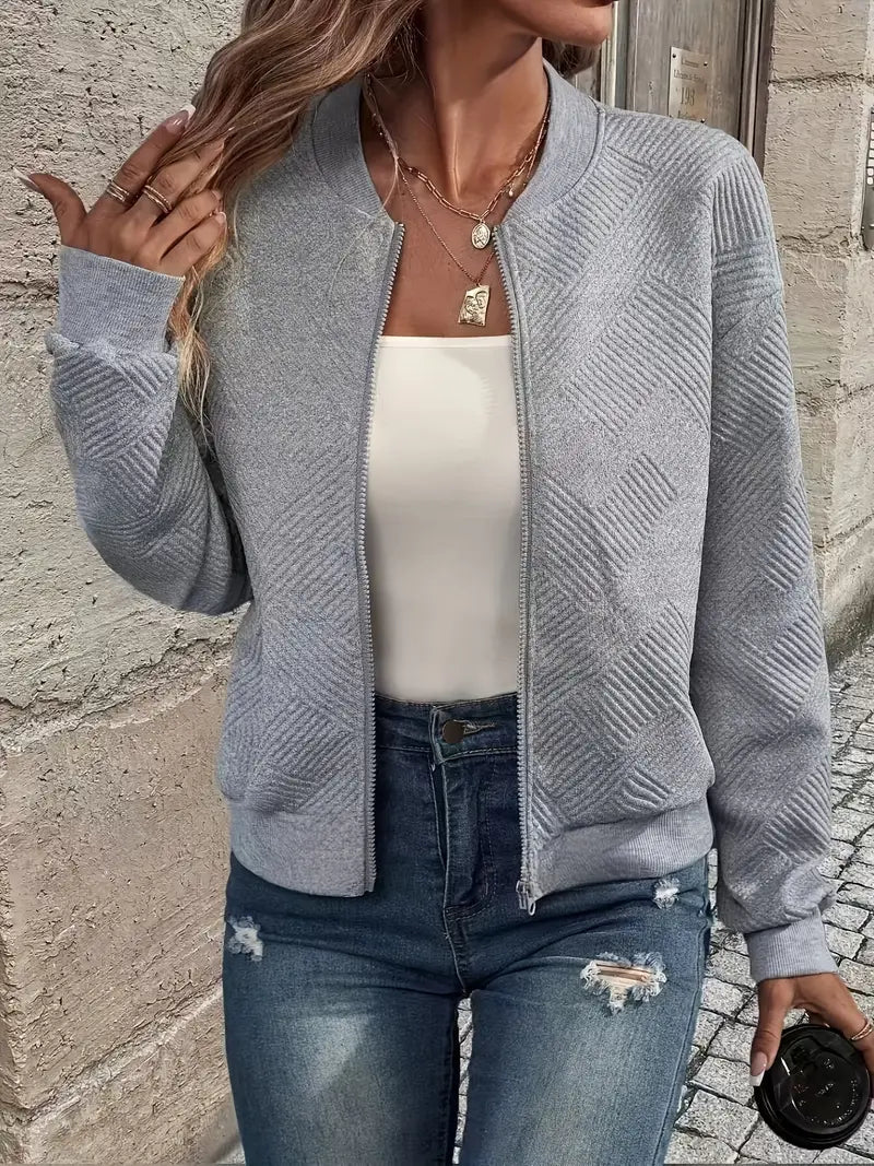 Women's Diamond Texture Zip-Up Cardigan with Ribbed Trim, Grey, view 3