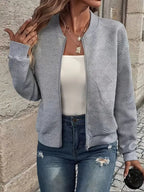 Women's Diamond Texture Zip-Up Cardigan with Ribbed Trim, Grey, view 3