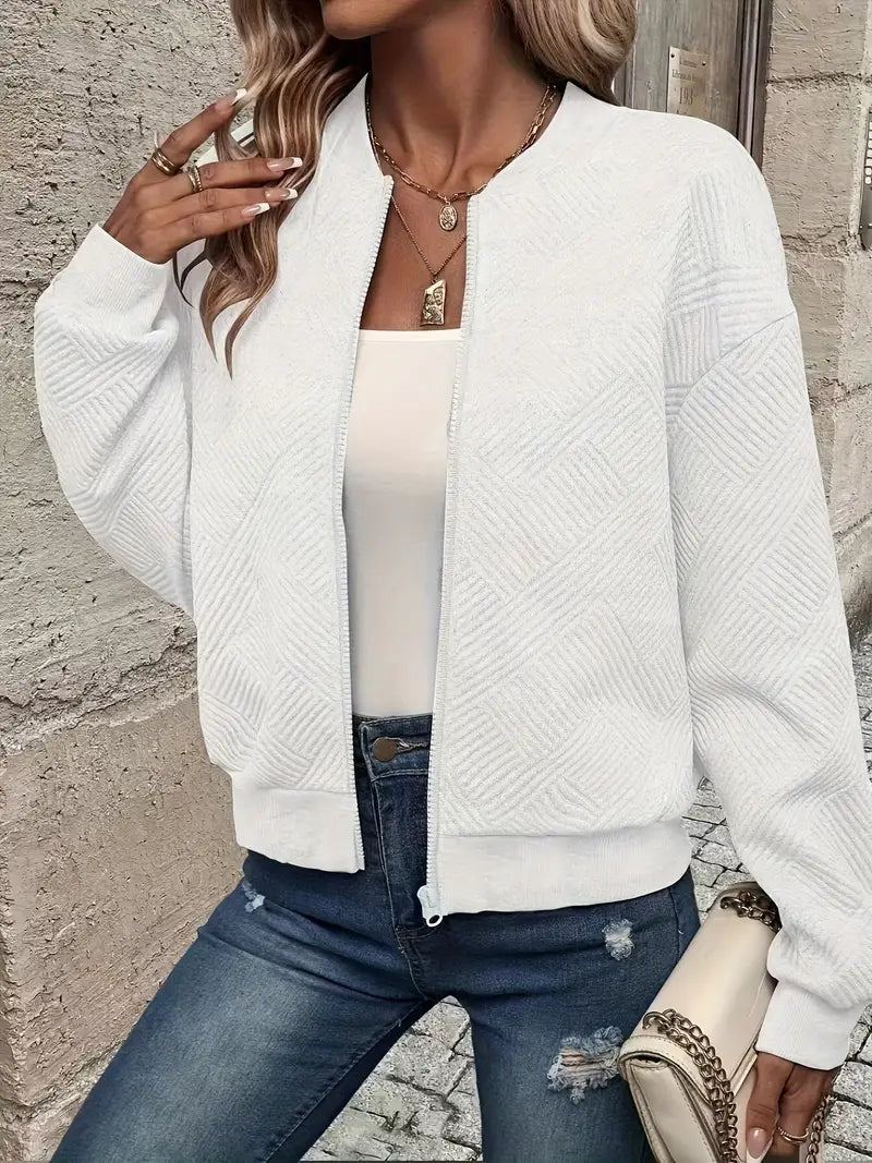 Women's Diamond Texture Zip-Up Cardigan with Ribbed Trim, White, view 6