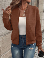 Women's Diamond Texture Zip-Up Cardigan with Ribbed Trim, Brown, view 7