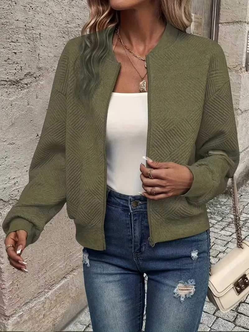 Women's Diamond Texture Zip-Up Cardigan with Ribbed Trim, Army Green, view 8