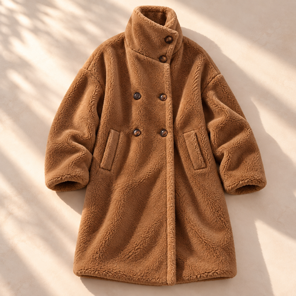 Women's Double-Breasted Teddy Coat with Stand Collar, view 2