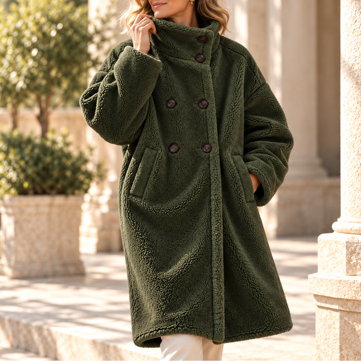 Women's Double-Breasted Teddy Coat with Stand Collar, Green, view 11