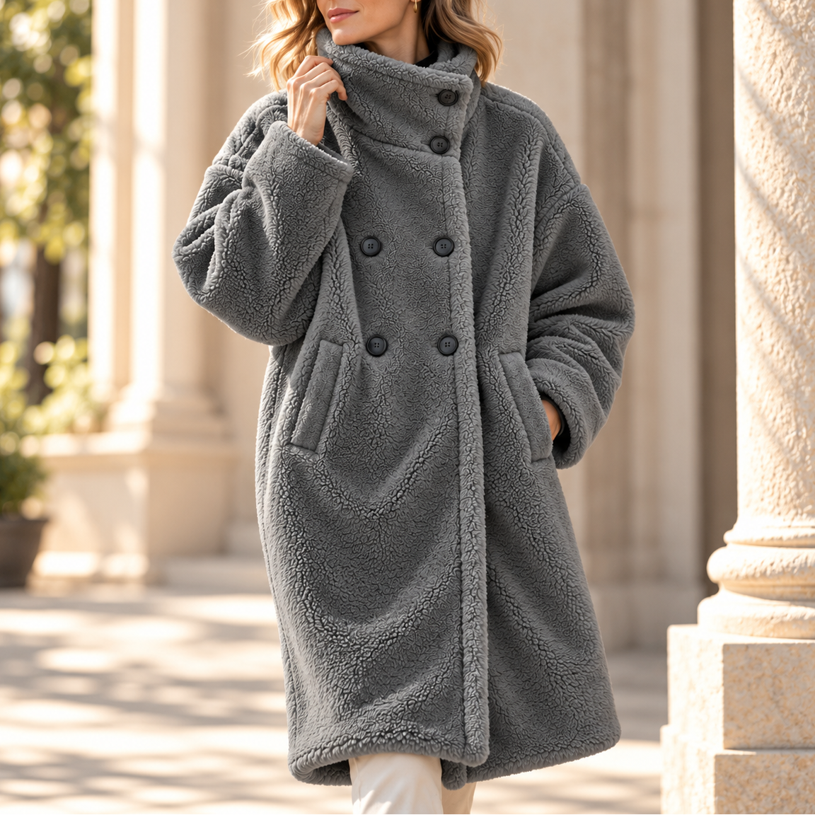 Women's Double-Breasted Teddy Coat with Stand Collar, Grey, view 13