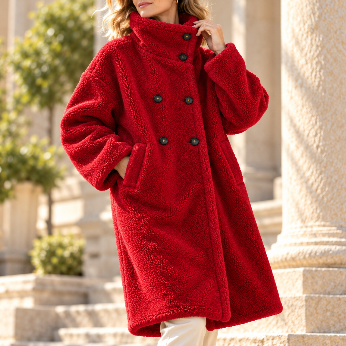 Women's Double-Breasted Teddy Coat with Stand Collar, Red, view 15