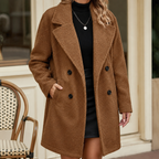 Women's Double-Breasted Teddy Coat with Wide Collar, Brown, view 1
