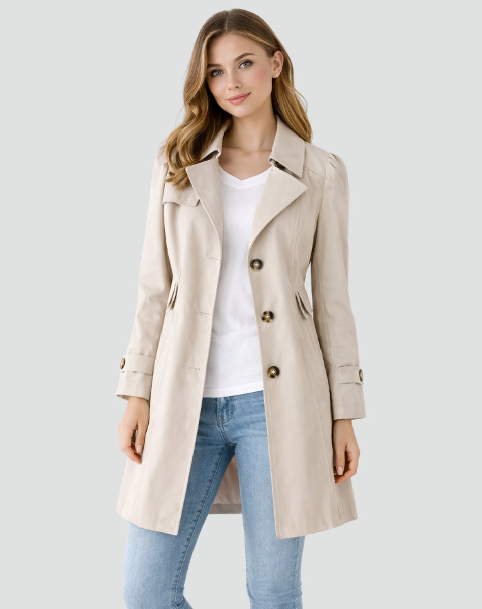 Women's Double-Breasted Trench Coat with Buttoned Cuffs, Beige, view 5