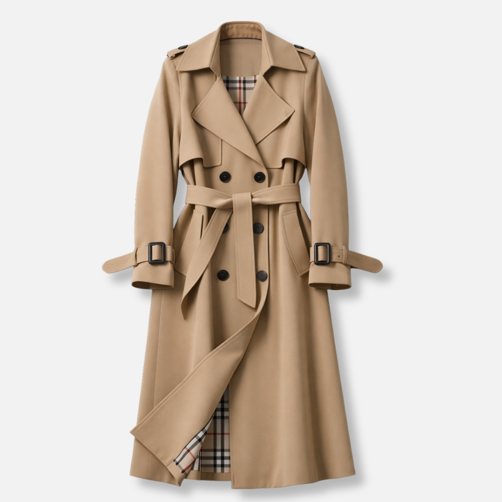 Women's Double-Breasted Trench Coat with Check Lining, Beige, view 1